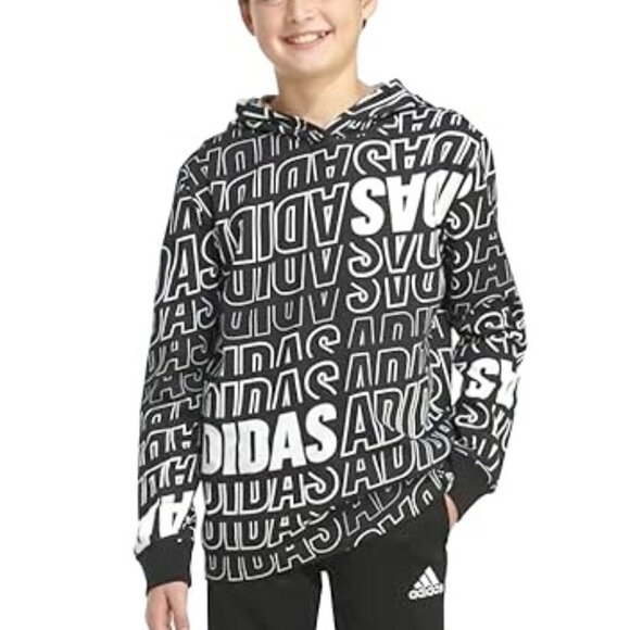 ADIDAS BOY'S BLACK & WHITE LONG SLEEVE HOODIE TEE SHIRT SIZE 6 NWT - Picture 1 of 5